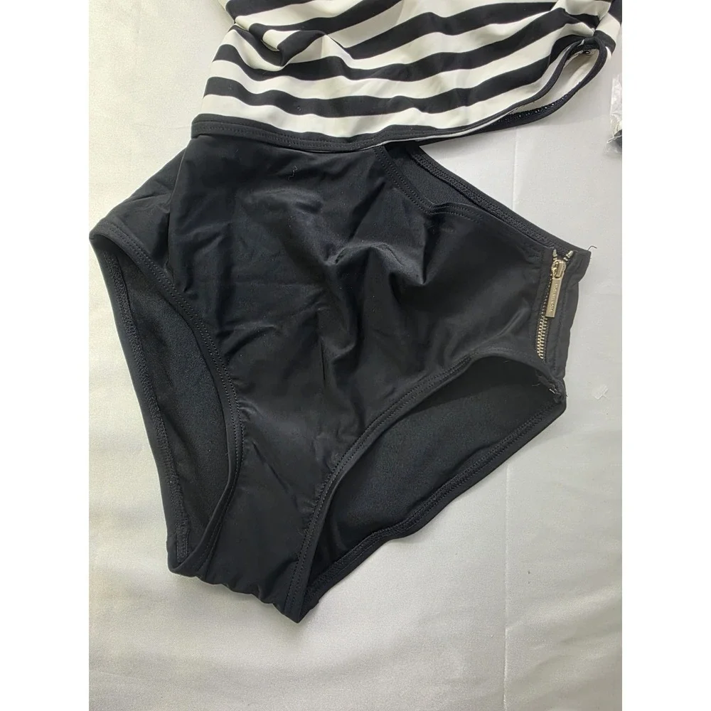 Michael Kors One Piece Swimsuit Cut Out Black White‎ Stripe Zip Size 6 NWT
